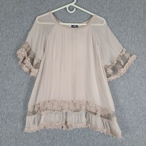 NEW Le Marais Paris Silk Lace Blouse Tunic Top Pale Pink Large